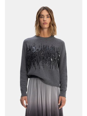 Vakko By Peserıco Anthracite Sequined Knit Sweater