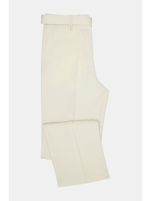 Vakko Ecru Belted Waist Flat Front Trousers