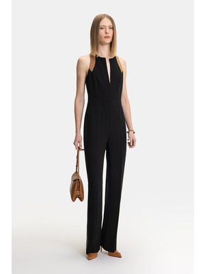 Vakko Black-Camel Round Neck Sleeveless Jumpsuit