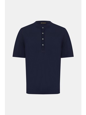 Vakko Navy Mandarin Collar Short Sleeve Knit T-Shirt