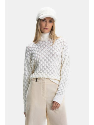 Vakko White Mock Neck Wool Knit Sweater