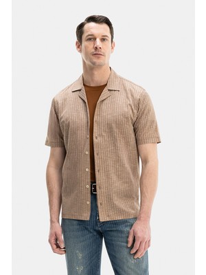 Vakko By Gran Sasso Beige Collared Short Sleeve Cotton Striped Shirt