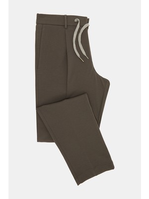 Vakko By Berwıch Khaki Single-Pleat Elastic Waist Jersey Trousers