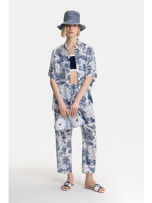 Vakko White-Indigo Patterned Silk Trousers