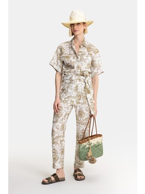 Vakko Ecru-Khaki Patterned Linen Jumpsuit