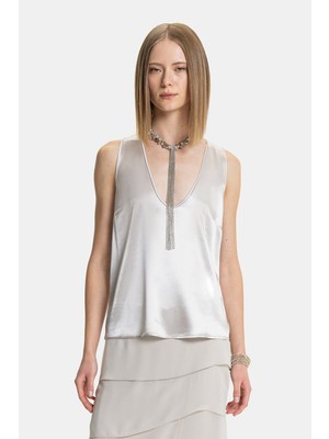 Vakko By Peserıco Beige Low-Cut Sleeveless Blouse