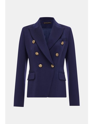 Vakko Navy Double-Breasted Collar Jacket