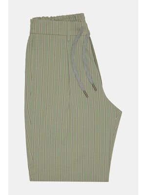 Vakko By Berwıch Green Single-Pleat Striped Cotton Bermuda Shorts
