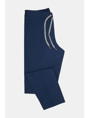Vakko By Berwıch Navy Single-Pleat Elastic Waist Cotton Trousers