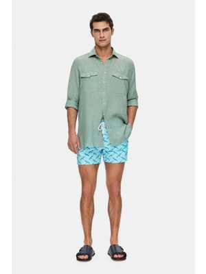 Vakko Aqua Green Patterned Elasticated Swim Shorts