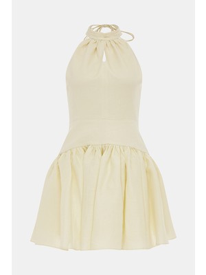 Vakko Light Yellow Halter Neck Short Dress