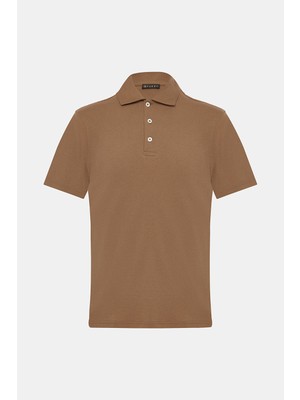 Vakko Light Brown Buttoned Polo Collar Short Sleeve T-Shirt