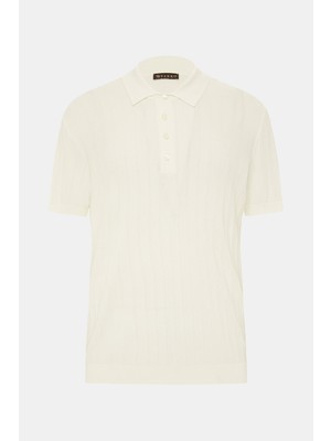 Vakko Ecru Polo Button Collar Short Sleeve Knit T-Shirt