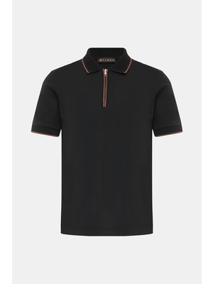 Vakko Black Zip Polo Collar Short Sleeve T-Shirt
