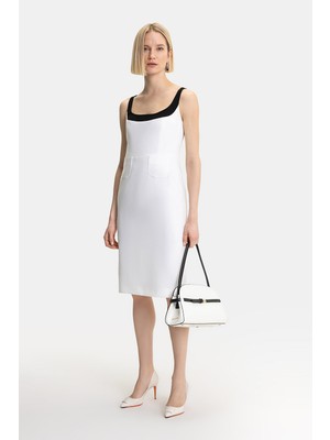 Vakko Ecru Strappy Below-Knee Dress
