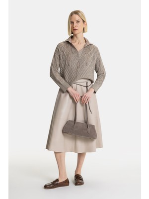 Vakko Beige Leather Skirt