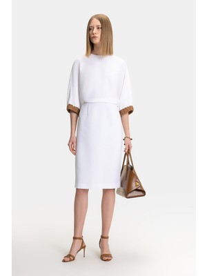 Vakko Ecru-Camel Below-Knee Dress