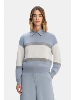 Vakko By Peserıco Blue-Ecru Wool Silk Knit Sweater
