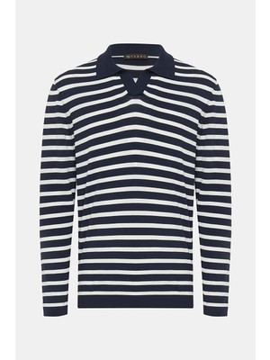 Vakko Navy Polo Collar Short Sleeve Knit T-Shirt