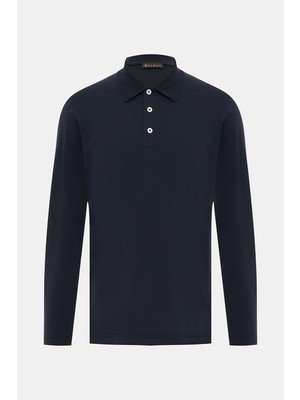 Vakko Navy Buttoned Polo Collar Long Sleeve T-Shirt