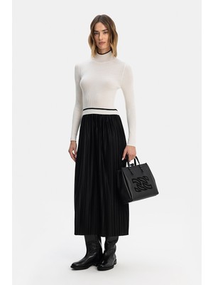 Vakko Ecru-Black Knit Mix Dress