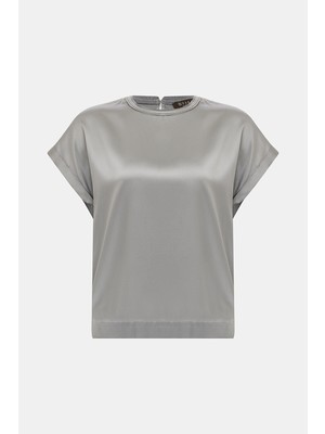 Vakko By Peserıco Grey Round Neck Short Sleeve Blouse