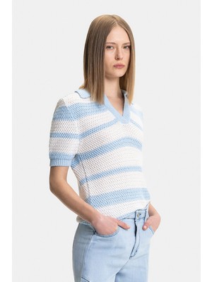 Vakko Ecru-Blue Knit Sweater