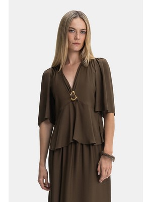Vakko By Forte Forte Khaki V-Neck Short Sleeve Blouse
