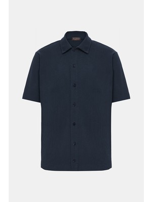 Vakko By Danıele Fıesolı Navy Button-Front Corduroy Short Sleeve Overshirt