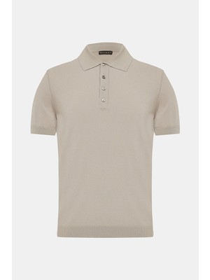 Vakko Beige Buttoned Polo Collar Short Sleeve Knit T-Shirt