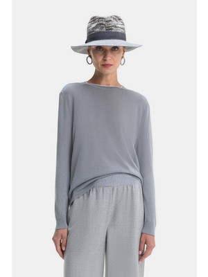 Vakko Grey Wool-Silk Knit Sweater