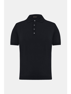 Vakko Black Buttoned Polo Collar Short Sleeve Knit T-Shirt