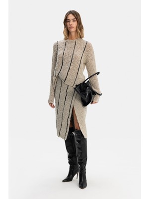 Vakko Beige Striped Wool Skirt