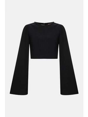 Vakko Black Round Neck Long Sleeve Blouse