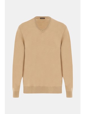 Vakko Camel V-Neck Knit Sweater