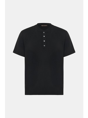 Vakko Black Buttoned Polo Collar Short Sleeve T-Shirt