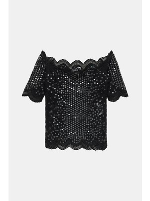 Rabanne Black Lace Three-Quarter Sleeve Blouse