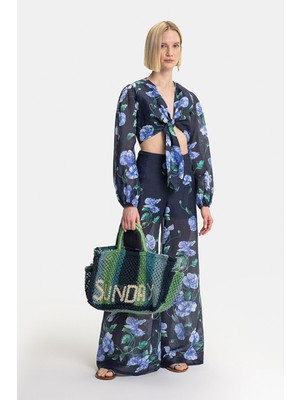 Vakko Navy Floral Ramie Trousers