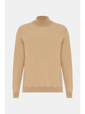 Vakko Camel Mock Neck Knit Sweater