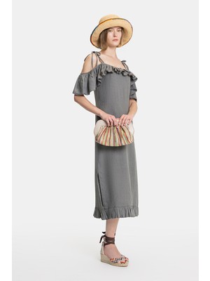 Vakko Khaki Linen Dress