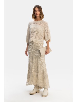 Vakko Ecru Sequin Embroidered Skirt