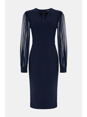 Vakko Navy Long Sleeve Midi Dress
