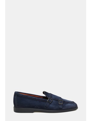 Santoni Santonı Navy Double-Buckle Suede Leather Loafers
