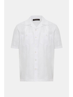 Vakko By Gran Sasso White Collared Short Sleeve Linen Shirt