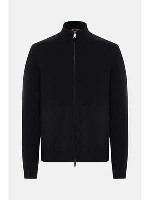 Vakko Stand Collar Zip-Up Cardigan