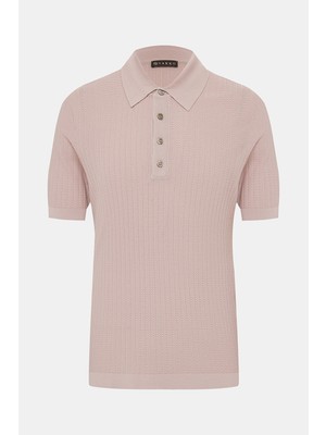 Vakko Powder Pink Polo Buttoned Collar Short Sleeve Knit T-Shirt