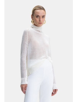 Vakko Ecru High Neck Knit Sweater