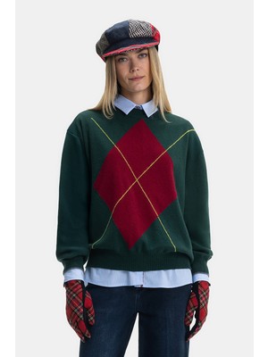 Vakko Three-Color Diamond Pattern Knit Sweater