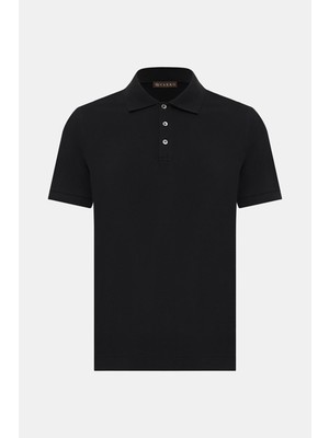Vakko Black Buttoned Polo Collar Short Sleeve T-Shirt