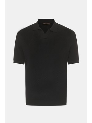 Vakko Black Polo Collar Short Sleeve Knit T-Shirt
